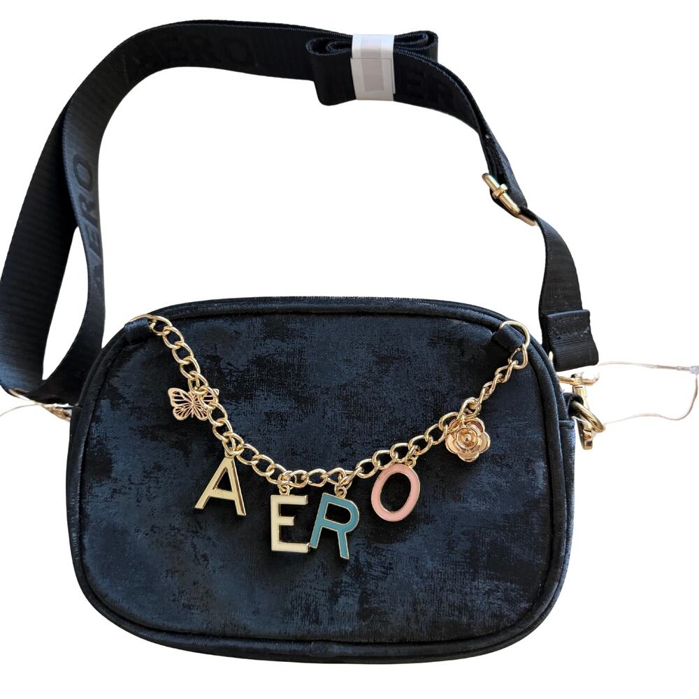 Aeropostale Velvet Crossbody Bag Black AERO Charm Chain Gold Purse NWT Y2K